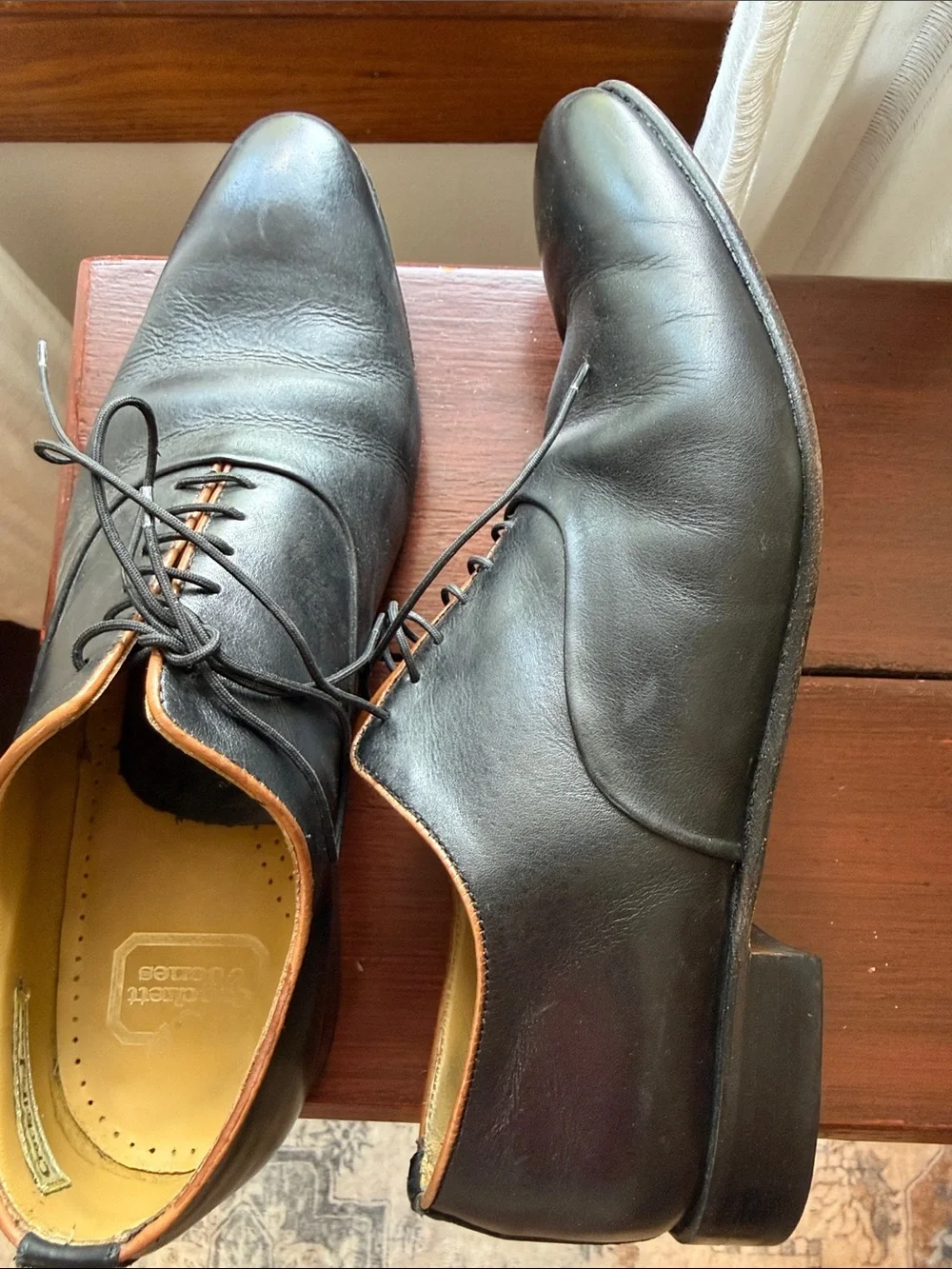 Crockett & Jones oxfords. Men's Black Leather Lace-Up Dress Shoes w/ Brown Trim - Picture 9 of 10